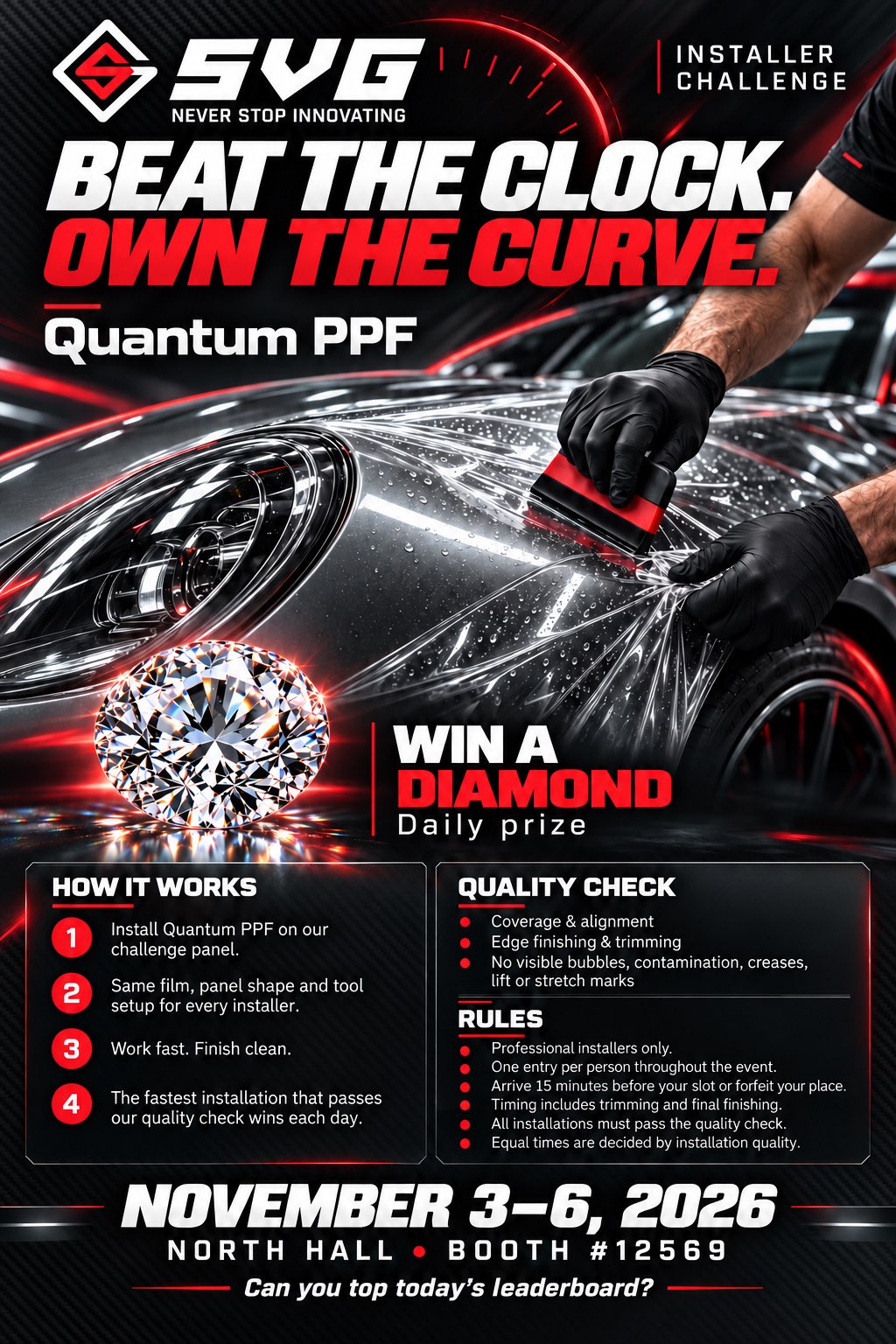 SVG Installer Challenge poster: Beat the clock. Own the curve. Win a diamond, daily prize. 3–6 November 2026, North Hall, Booth #12569.